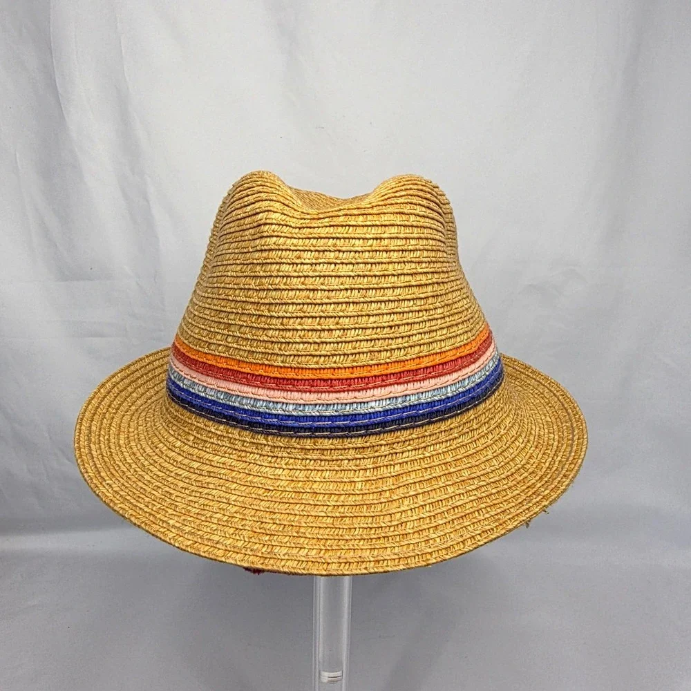 Straw Fedora Kids One Size Tan Striped Band Sun Hat Summer Beach Boho Festival